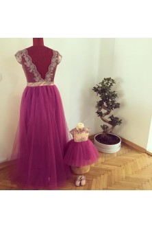 Set mama-fiica din broderie roz prafuit si tulle fin mov electric